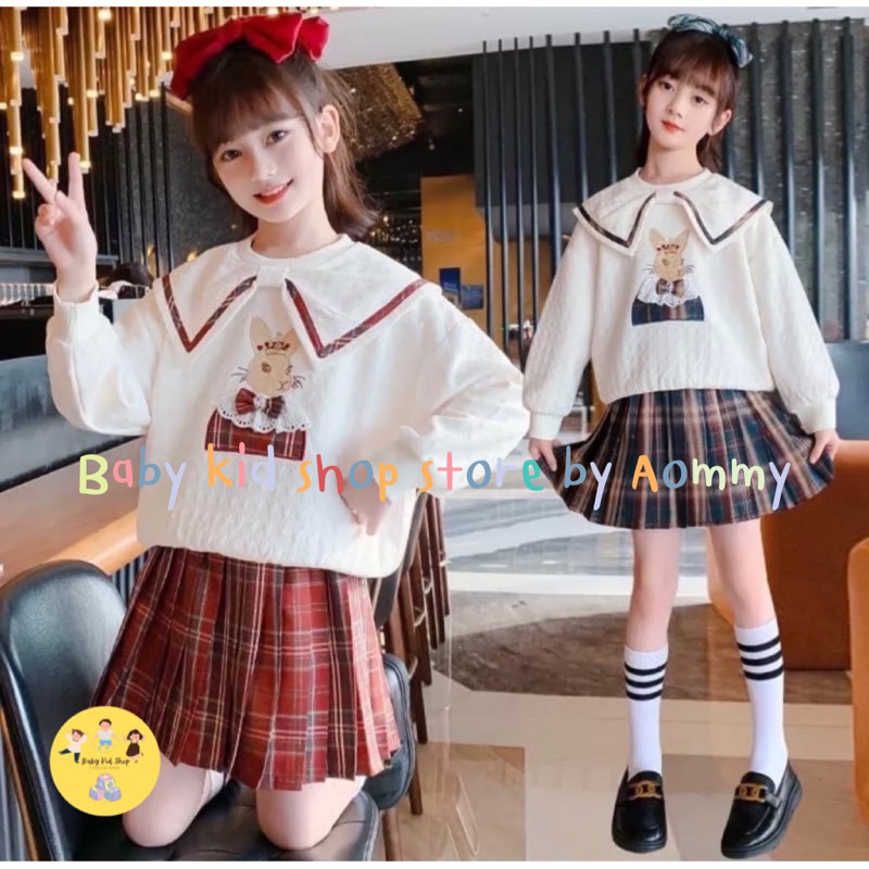 (พร้อมส่ง) ชุดเด็กผู้หญิงเสื้อแขนยาวพิมพ์ลายกระต่ายน้อย+ กระโปรงจีบรอบสไตล์เกาหลี สำหรับเด็กอายุ 3-14 ปี