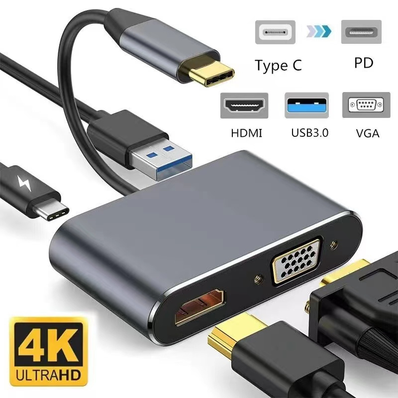อะแดปเตอร์ฮับ USB C เป็น HDMI VGA OTG 4 in 1 4k HDMI และ PD ชาร์จเร็ว USB C เป็น HDMI VGA USB Type C