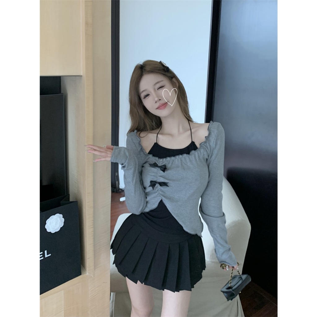 Cicishop(J769)SET 2 ชิ้น สายเดี่ยวผูกคอ+เสื้อคลุมแขนยาว ดีเทลโบว์ตะมุตะมิน่ารักจนใจเจ็บ - รูปที่ 6