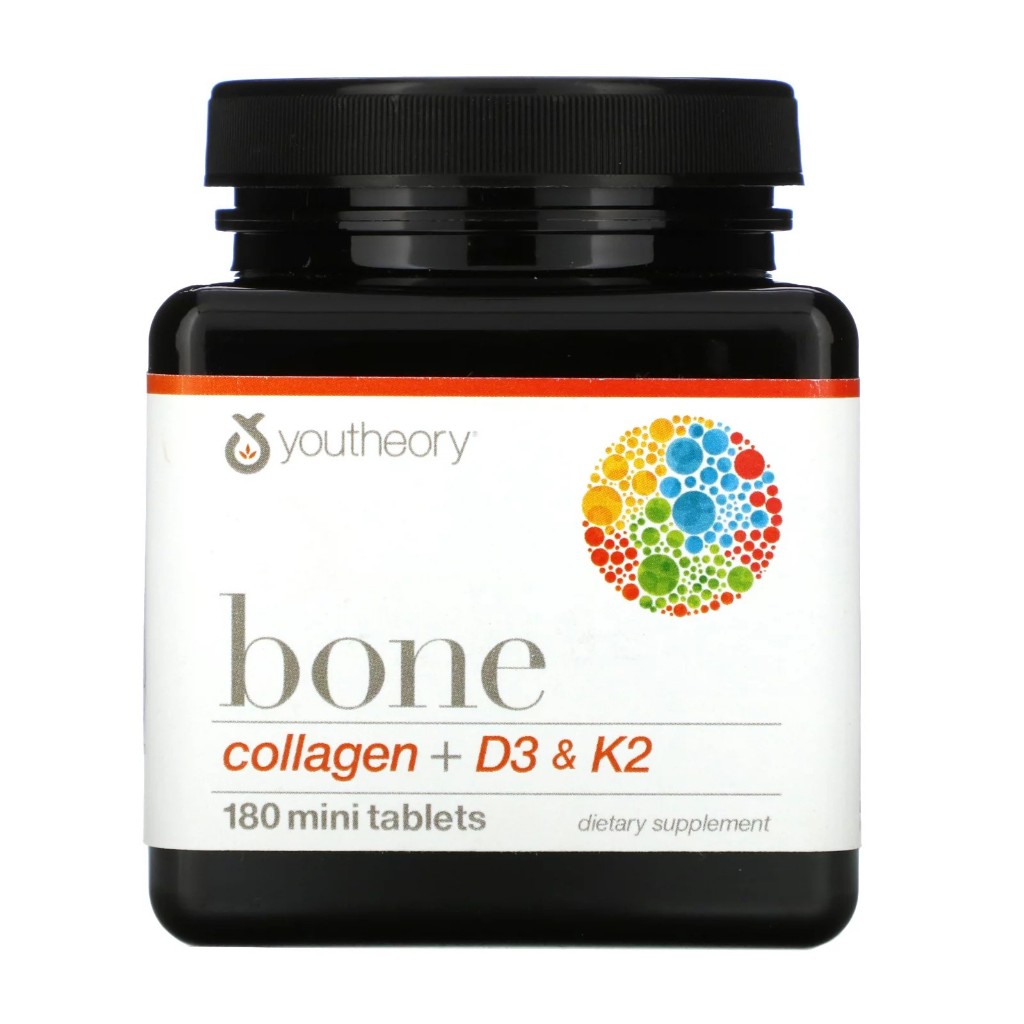 Exp.12/2025 บำรุงกระดูก เต็มคอลลาเจน Youtheory Bone, Collagen + D3 & K2, 180 Mini Tablets