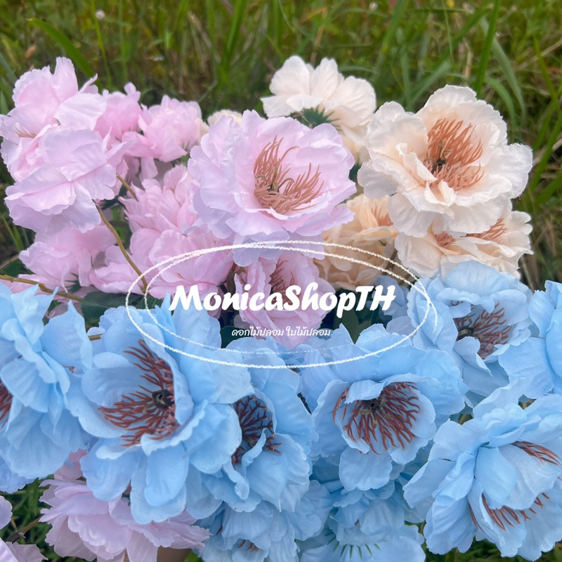 monica ดอกไม้ปลอม ก้านยาว 55cm ดอกใหญ่8-9cm 1ช่อมี5ด มีมา3สีให้เลือกสวยมากๆพร้อมส่ง