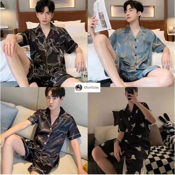 (ราคาถูกที่สุด) ชุดนอนผู้ชาย， ชุดนอนผ้าซาตินเวอร์ชั่นเกาหลี， มีให้เลือก 8 ลาย， ขาสั้น+เสื้อ，L-3XL