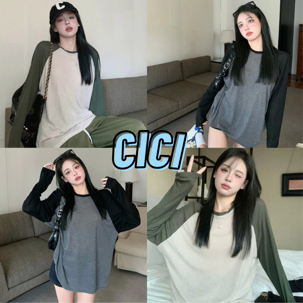 ส่งทันที Cici(NO. 3325)เสื้อแขนยาวสีทูโทน ทรงoversize ใส่สบาย ไม่ควรพลาด เหมาะกับทุกวัย
