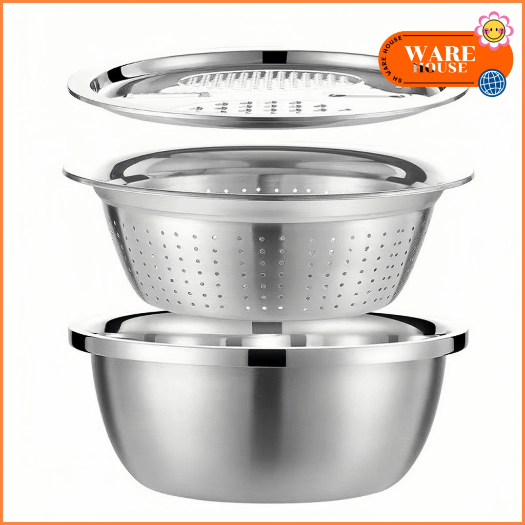 TK ชุดกะละมังขูดผัก ชามขูดผักผลไม้ ชุด3ใบชามขูดผักผลไม้ ที่สไลด์ผัก ชามขูดผัก กะละมังสแตนเลส 28cm/28