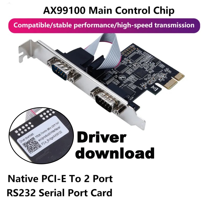 PCIE 2 Port Serial Expansion Card PCI for EXPRESS PCI-E to DB9 x2 RS232 COM Adap AX99100 Chip + Mini CD dirver.
