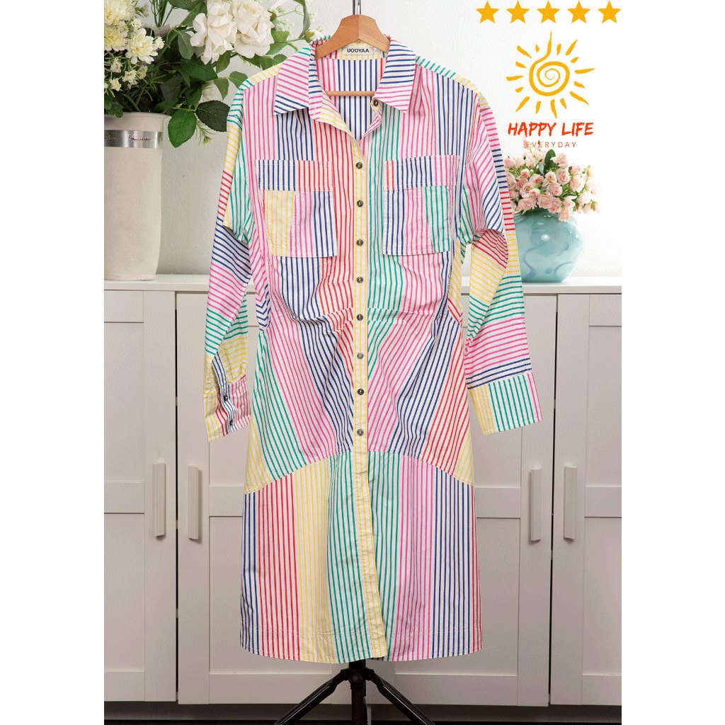 เดรสมือสอง UOOYAA เดรสเชิ้ต คอปกแขนยาวกระดุมหน้าน่ารัก ผ้าคอตตอน มีกระเป๋าหน้าบนซ้ายขวา ลายทางสีสายร