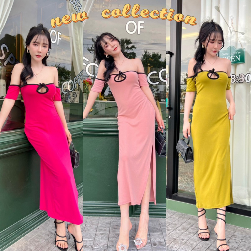 🌈พร้อมส่ง🌈 เดรสเกาะอกปาดไหล่ กระโปรงยาวผ่าข้าง🔥🔥ไฮโซสุดๆ✨แต่งโบว์ น่ารักมากๆ✨ชุดไปทะเล🔥🔥ชุดไปงาน ชุดออกเดท🌟