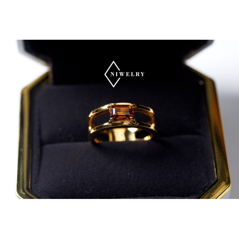 แหวนพลอยแท้ รุ่น Double Line Octagon พลอยซิทริน Citrine ตัวเรือนเงินแท้ชุบทอง แจ้งไซส์ในข้อความ พร้อมใบรับประกัน