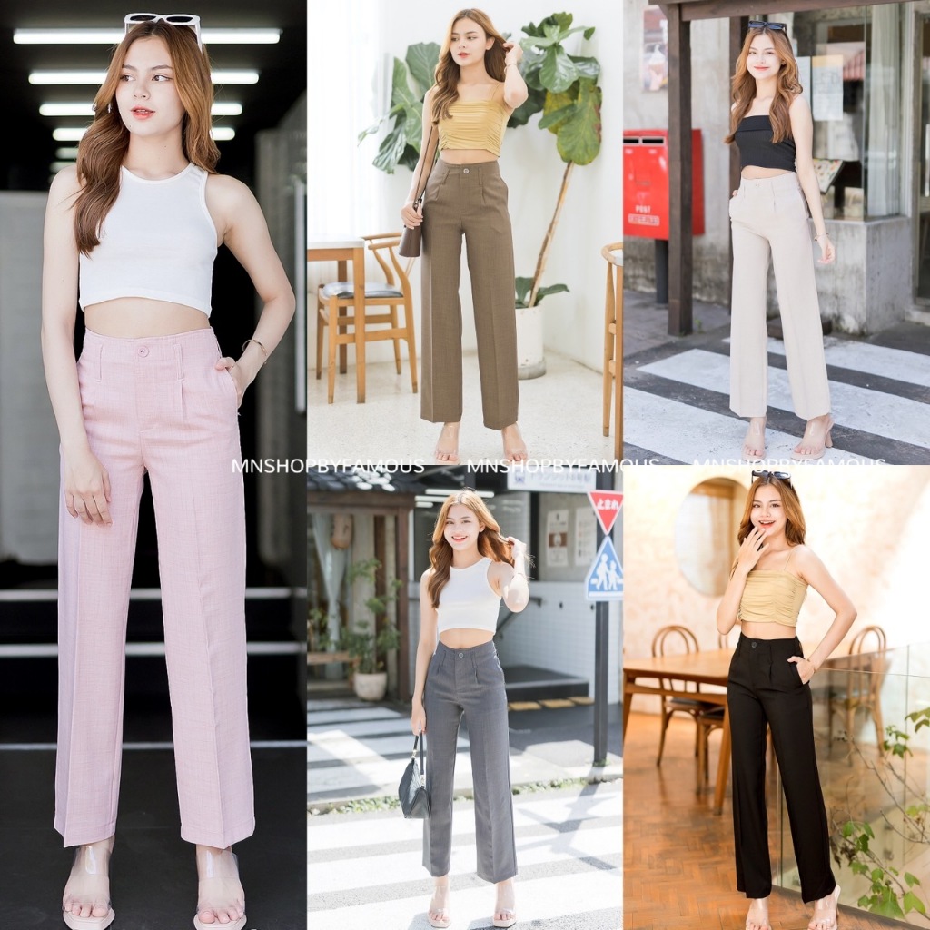 🍒สโนว์กระดุมไร้ขอบ🍒กางเกงผ้าสโนว์สลาฟ-เอวสูง-ขากระบอกกลาง 🐇งานป้ายร้านFAMOUS ไซส์S25-2XL