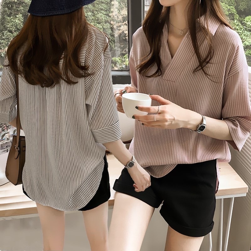 MKL พร้อมส่ง เสื้อเชิ้ตผู้หญิง ลายทาง คอปก ใส่สบาย ฟรีไซร้ # CS0009