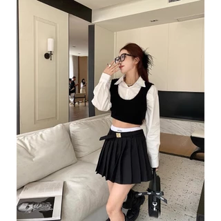 ส่งทันที Cici(NO. 01067)เสื้อครอปดีไซน์เก๋ เชิ๊ตคอปกแขนยาว เย็บติดคู่กับเสื้อกล้ามไหมพรม