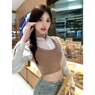ส่งทันที Cici(NO. 01067)เสื้อครอปดีไซน์เก๋ เชิ๊ตคอปกแขนยาว เย็บติดคู่กับเสื้อกล้ามไหมพรม
