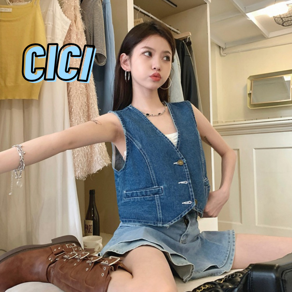 ส่งทันที Cici(NO. 609)Jeans vest เสื้อกั๊กครอปยีนส์ดีเทลกระเป๋าหน้า แมตช์ง่ายทรงสวยสไตล์เกาหลี