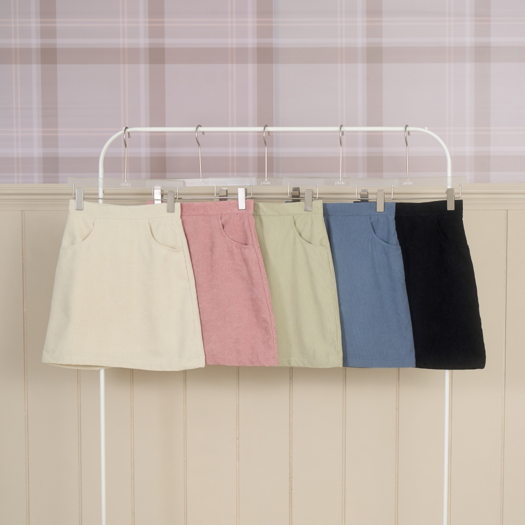 Santy Skirt กระโปรงลูกฟูก มีกระเป๋า กระโปรงเอวสูง ทรงเอ