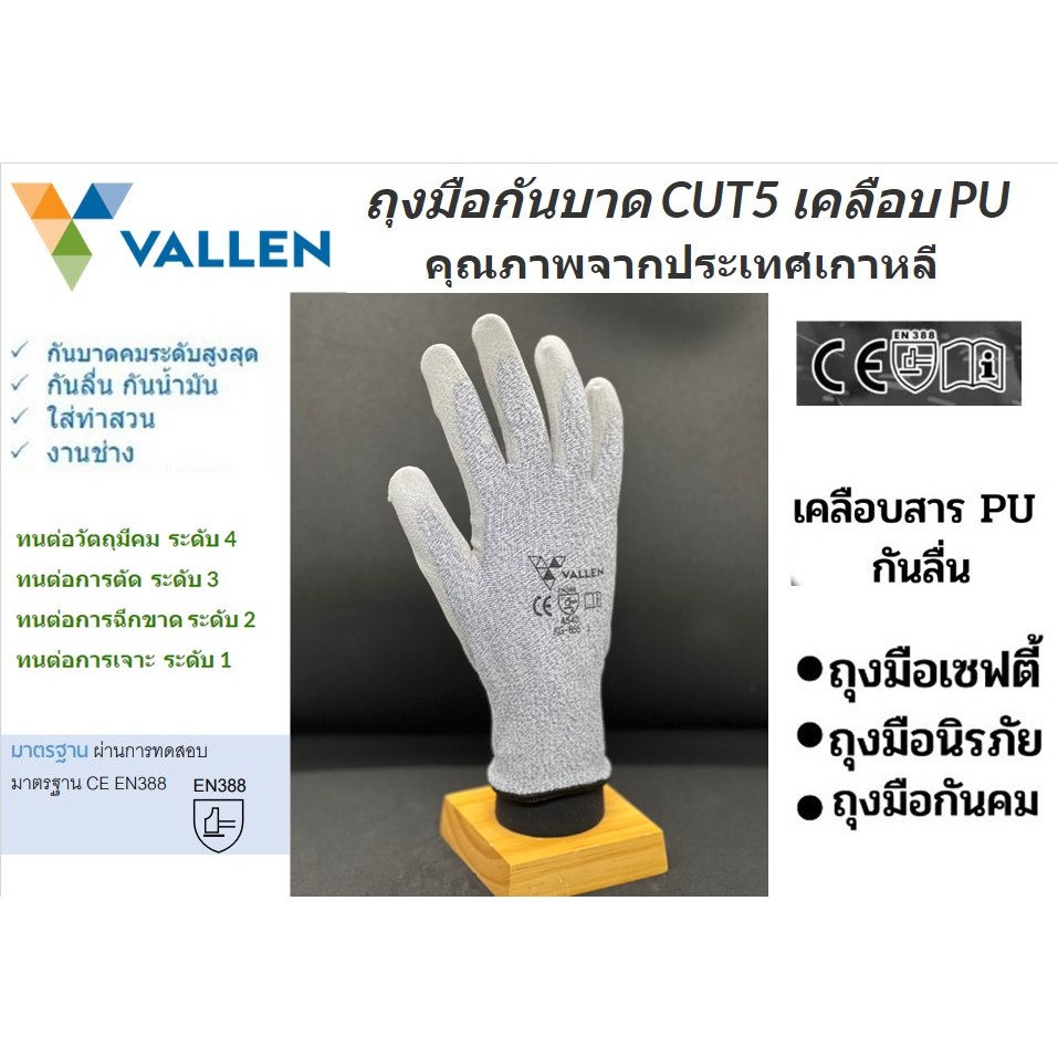 ถุงมือกันบาด ระดับ 5 เคลือบPU คุณภาพจากประเทศเกาหลี ผลิตภายใต้มาตรฐาน CE และ EN388 ถุงมือเซฟตี้ ถุงม