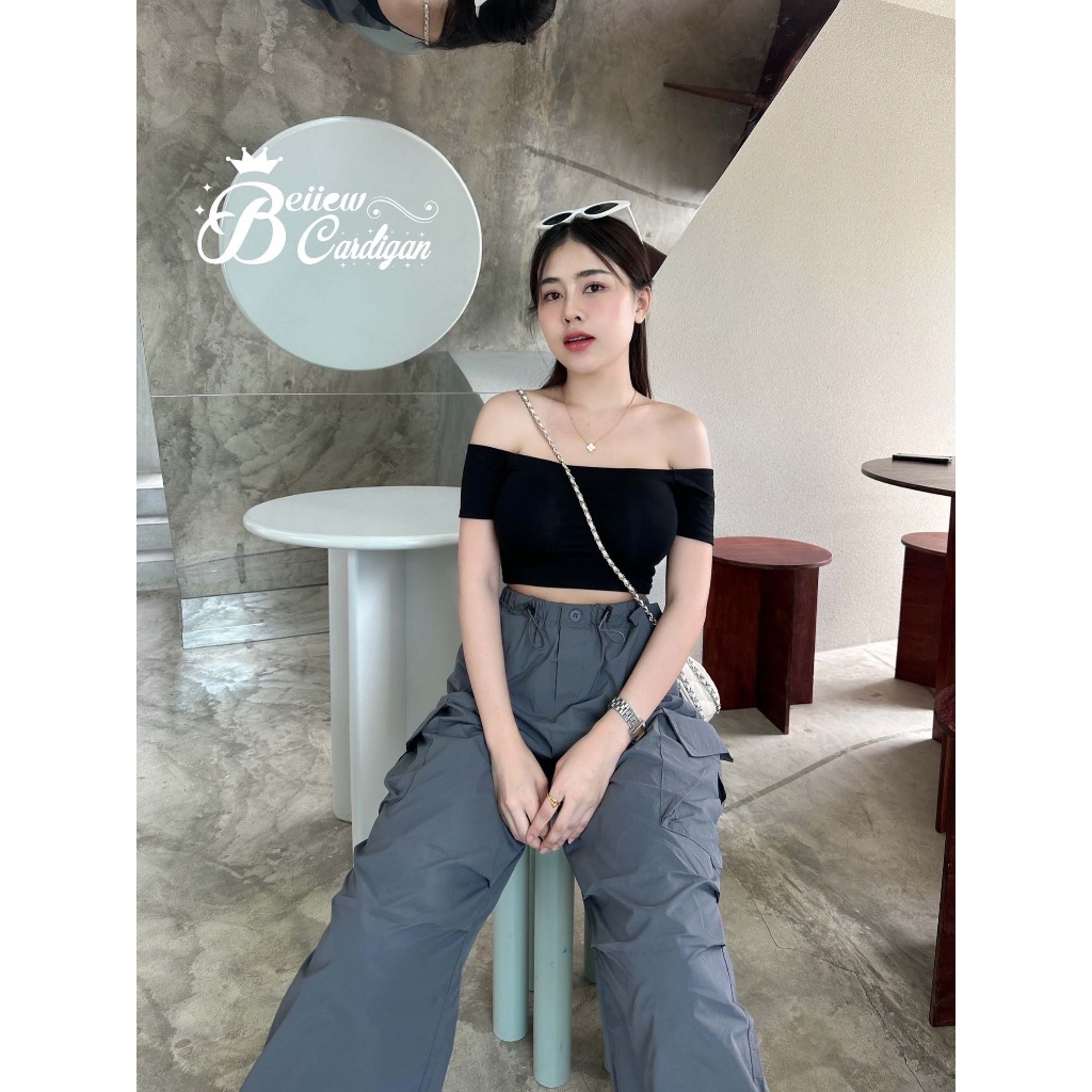 Waris เสื้อเรย่อนเปิดไหล่ สำหรับสาวมินิ เฟียสมากค่า กางเกงงานฮิต กางเกงขายาวคาร์โก้ผ้าร่ม เอวยางยืดมีเชือกผูกปรับไซส์