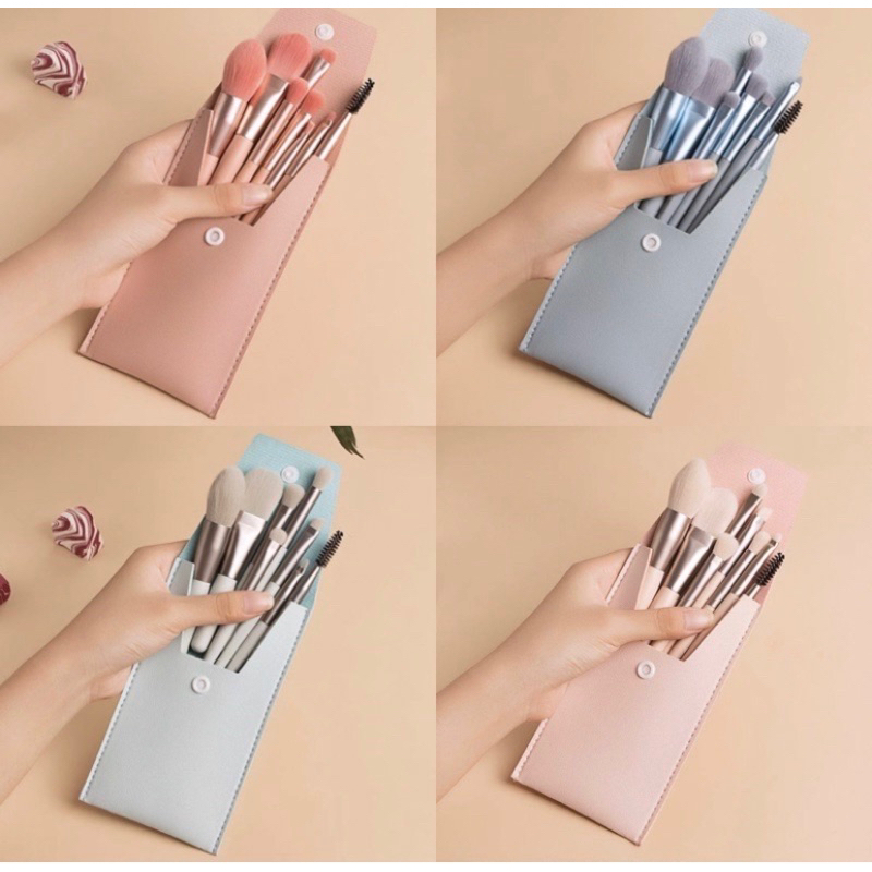 พร้อมส่ง(คละสี) ชุดแปรงแต่งหน้า ขนาดเล็ก สีพาสเทล 8 ชิ้น พร้อมกระเป๋า