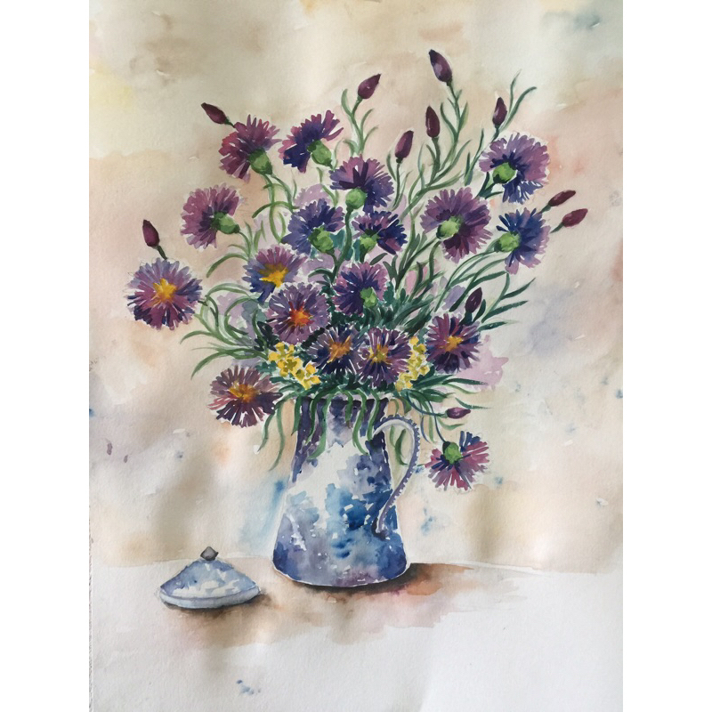 ภาพวาดแตกันดอกไม้/ภาพดอกไม้ในแจกัน ขนาดA3/29.7x42cm กระดาษร้อยปอนด์ สีน้ำวาดมือ