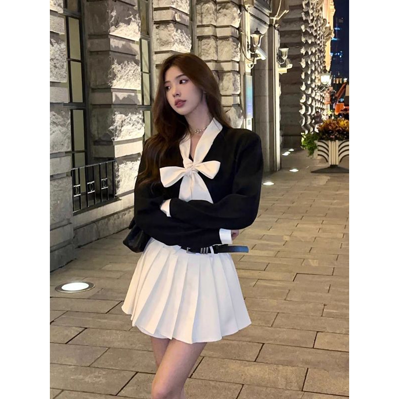 ชุดเซ็ททวีต นำเข้า สไตล์เกาหลี เสื้อคลุม+กระโปรงกาง+เข็มขัด