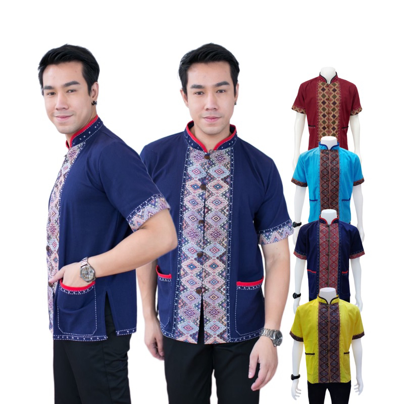 เสื้อพื้นเมืองชายคอจีนแต่งเทปผ้าทอคละลาย