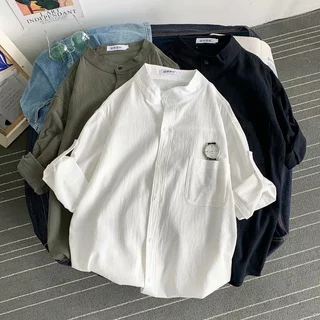 เสื้อเชิ้ตผู้ชายแขนสั้น เสื้อคอจีน ผ้าฝ้าย และผ้าลินิน ใส่สบาย เหมาะกับเดินชายหาด พร้อมส่ง