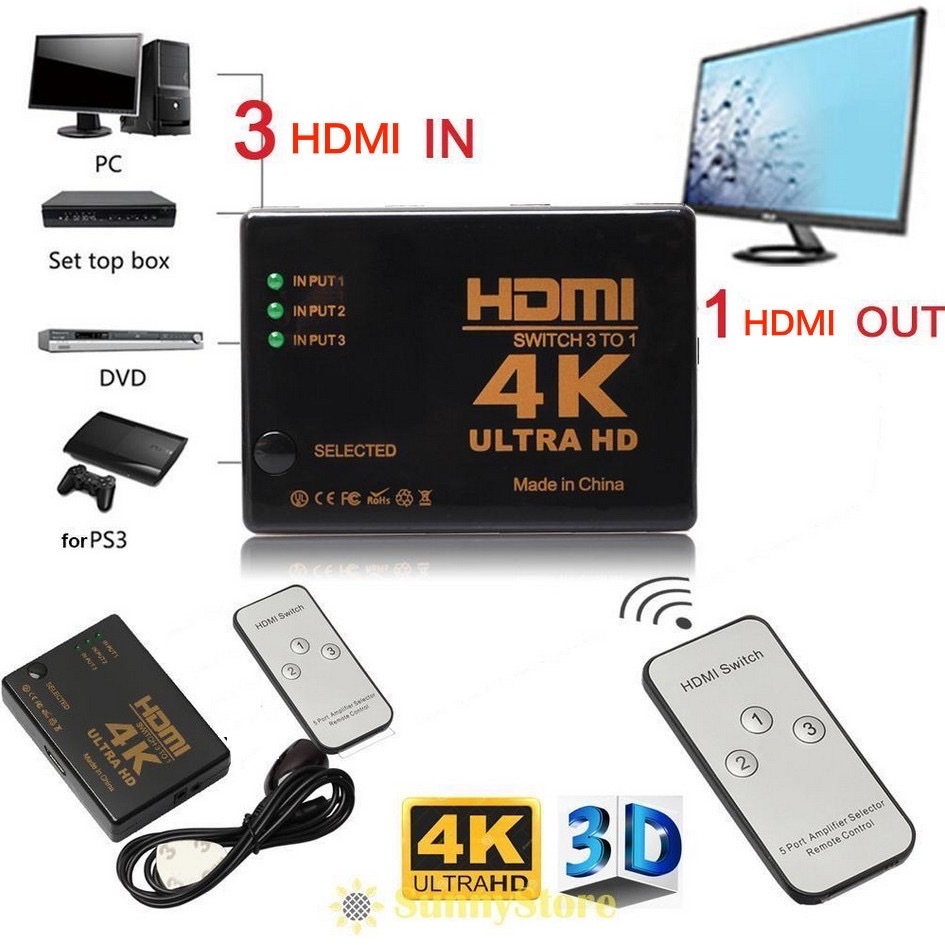4K 3 in 1 Ports Full HD Remote 1080P 3D HDMI Switch Selector 3 In 1 Out Splitter 4k 2k