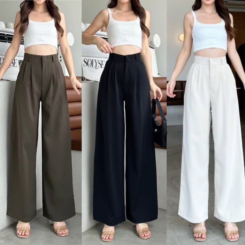 [12]LauraShop กางเกงขากระบอกกว้างเอวสูงเหนือสะดือรุ่นBasic