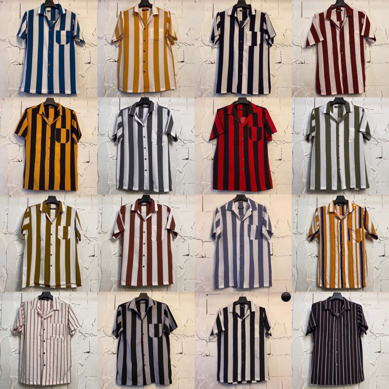 เสื้อฮาวาย ลายทาง ลายริ้วใหญ่ เชิ้ตเกาหลี hawaii ไซส์ m l xl 2xl 3xl 4xl เนื้อผ้านิ่มใส่สบายไม่ร้อน ใส่ได้ทั้งชายและหญิง