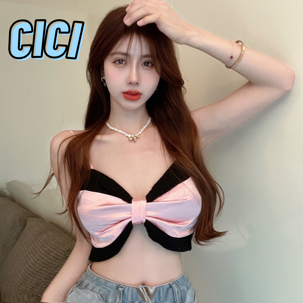 Cici(NO.J073)เสื้อสายเดี่ยวครอปท็อป แต่งผูกโบว์หน้า น่ารักสไตล์เกาหลี