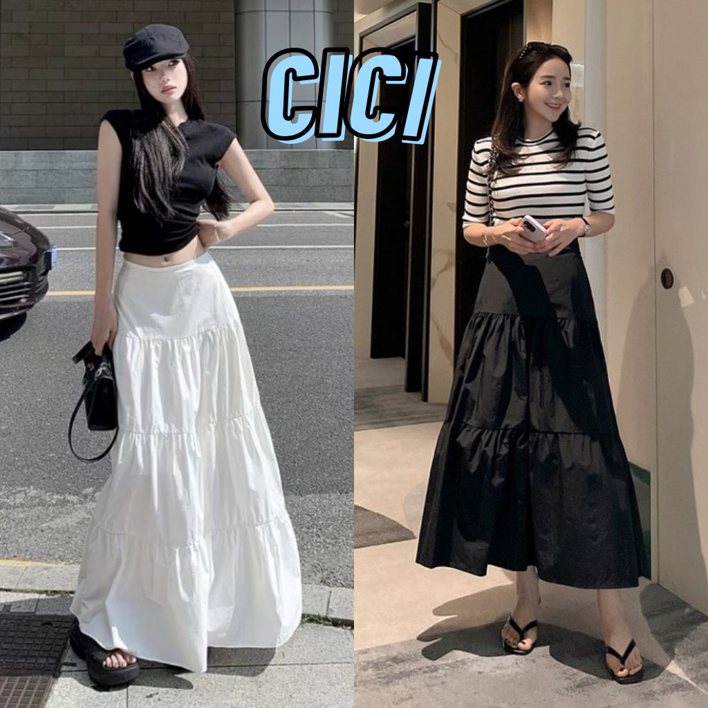 ส่งทันที Cici(NO. 905)กระโปรงยาวสีพื้น มีซิปข้าง ผ้าอย่างดี ดีเทลแต่งชายระบาย สไตล์โบฮีเมี่ยน