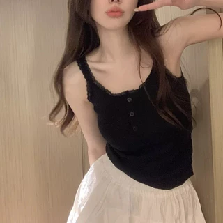 ❣️B-227❣️สายเดี่ยวลูกไม้ ดีเทลสายลูกไม้ยืดได้ ฟรีไซส์มีฟองน้ำในตัว กระดุมหน้าติดได้จริง❣️