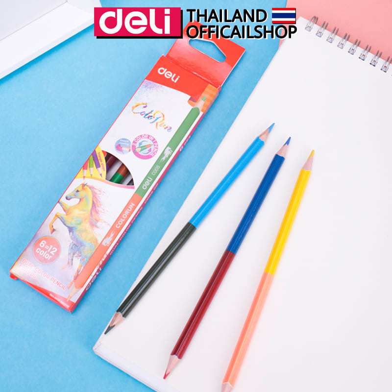 Deli ดินสอสี 2 หัว ดินสอสีไม้ สีไม้ เครื่องเขียน สีระบาย อุปกรณ์วาดภาพ Color Pencils 12/24 สี