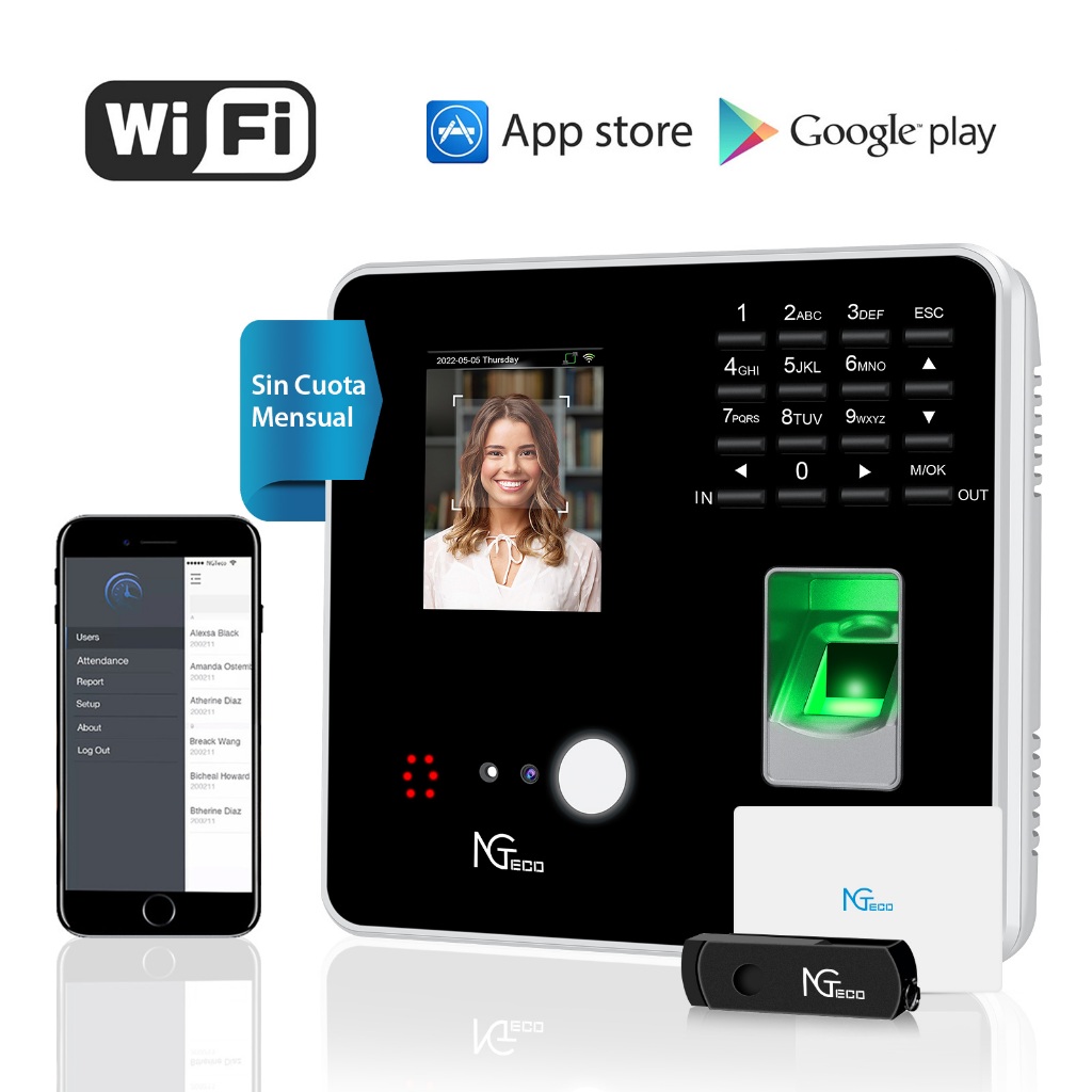 NGTeco เครื่องสแกนลายนิ้วมือเครื่องบันทึกเวลาด้วยการสแกนลายนิ้วมีฟังก์ชั่น Wi-Fi,มีแอปเช็คอิน/เช็คเอ