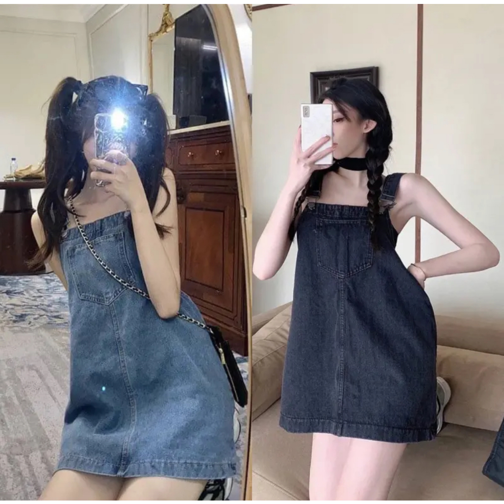 🎉เอี๊ยมกระโปรงยีนส์ ทรงหลวมน่ารัก สียีนส์ สีดำ SIZE S-8XL สไตล์เกาหลี สายปรับได้🎉