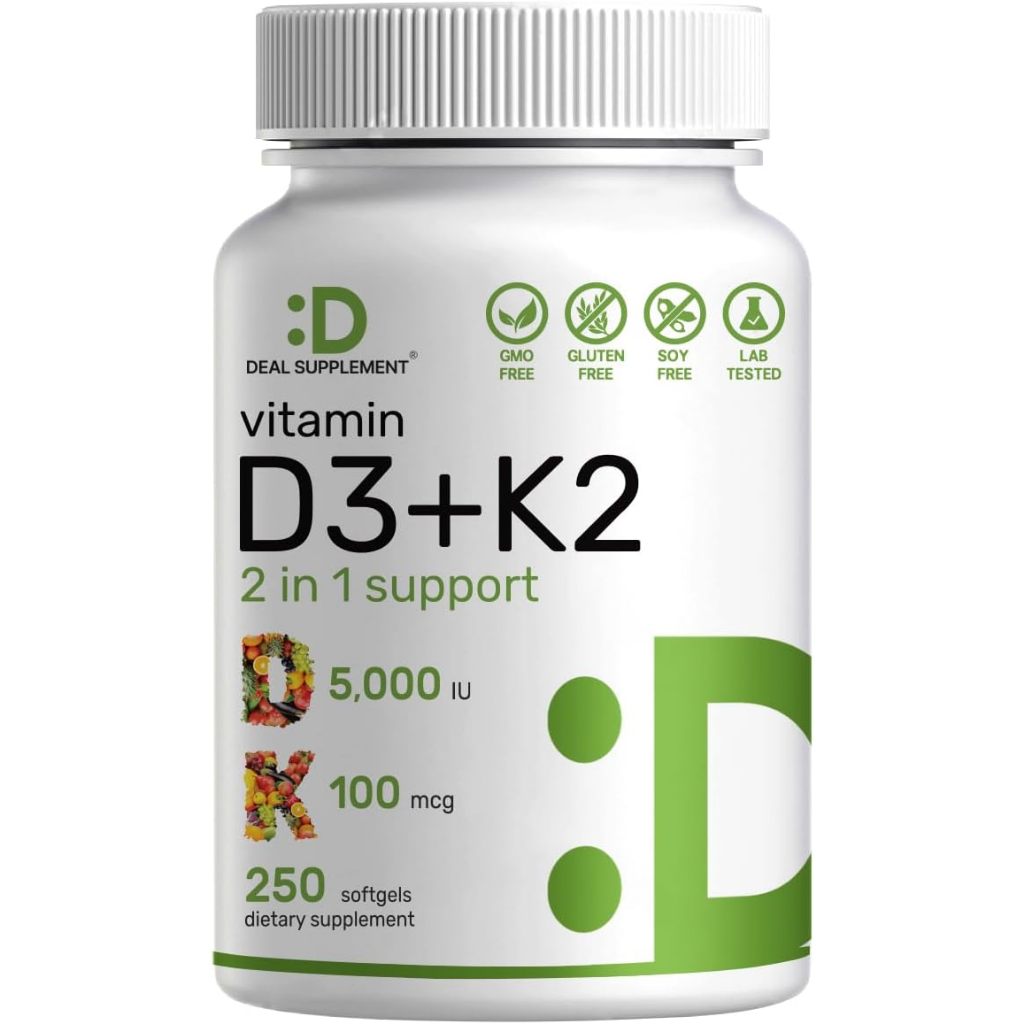 250 Softgels Vitamin D3 5000 IU & Vitamin K2 MK7, Promotes Heart, Bone & Teeth Health
