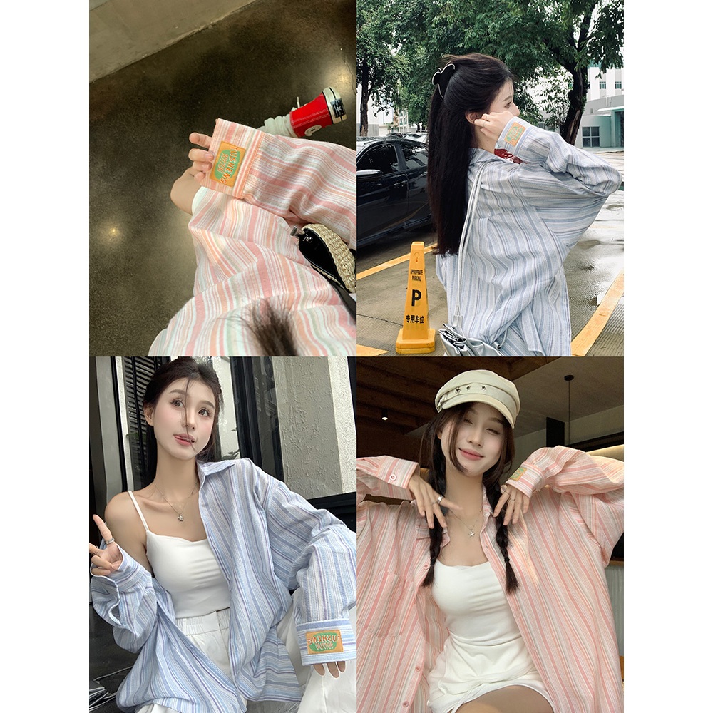 COD😁PBB15081😁เสื้อเชิ้ตลายทางแขนยาวคอปกผู้หญิง oversize เสื้อคลุมกันแดดแฟชั่นเกาหลีย้อนยุค ผ้าไม่ติด