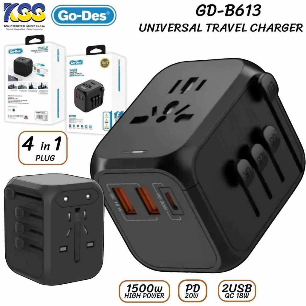 Go Des ปลั๊ก รุ่น GD-B613 UNIVERSAL TRAVEL CHARGER PD 20W 2USB OC18W