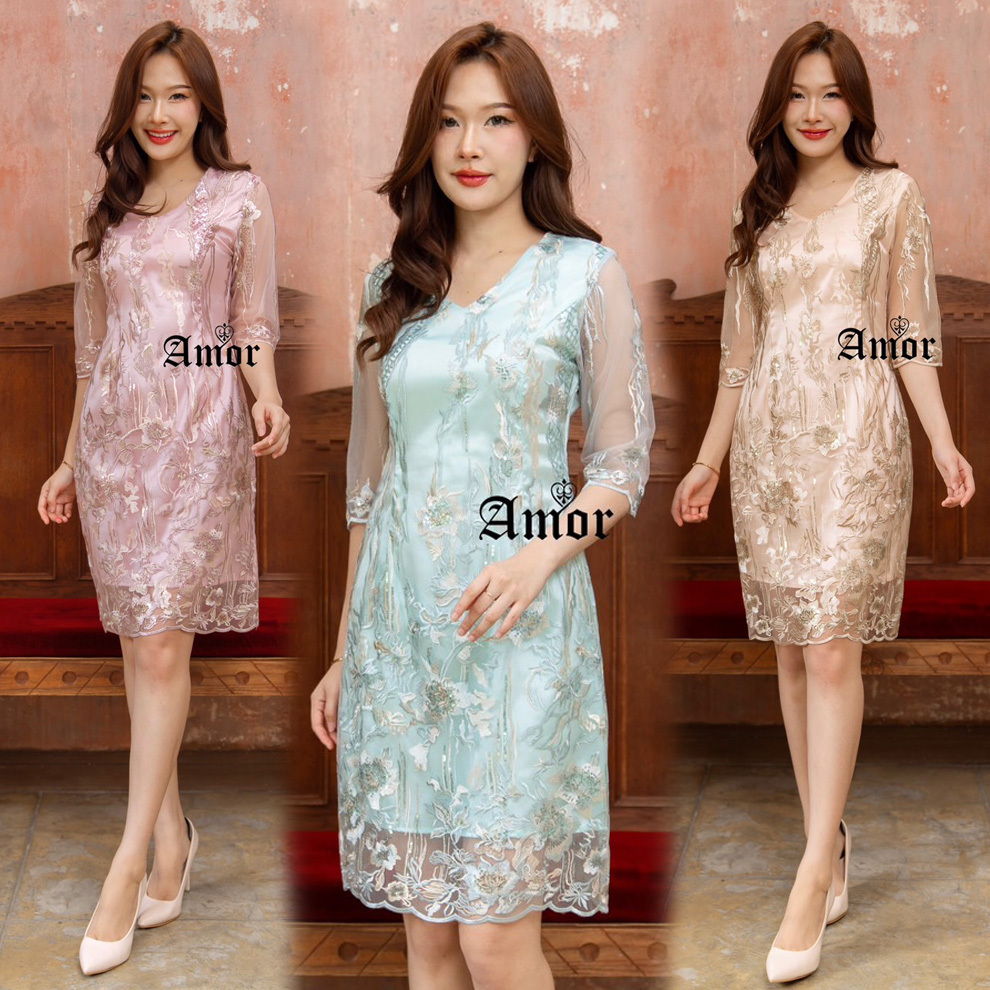 M-4XL ชุดเดรสลูกไม้คอวี สีครีมทอง ,ชมพู ,เขียวมิ้น ปักเลื่อมกลิตเตอร์ #Amor