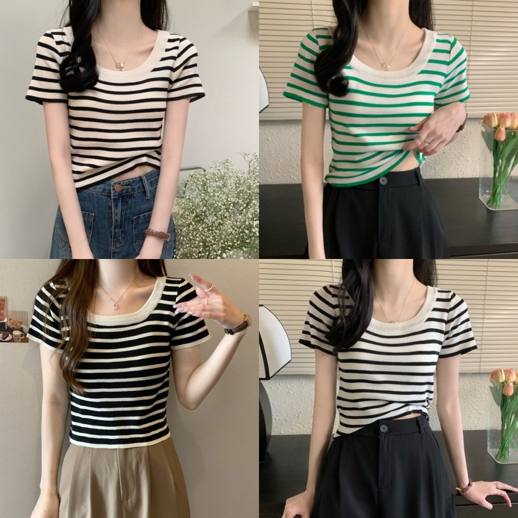 เสื้อไหมพรมแขนสั้น เสื้อไหมพรม ลายริ้ว มีทั้งหมด4สี  เเบบสั้น สําหรับผู้หญิง J0293