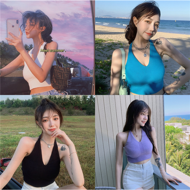 6สี เสื้อไหมพรม เสื้อคล้องคอ มีสายคล้องคอ ผ้านิ่้มสบาย สไตล์เกาหลี