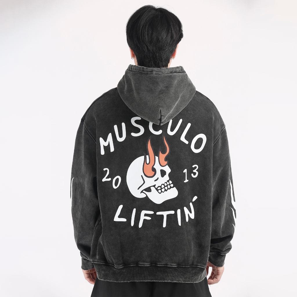 Musculo เสื้อฮูดดี้แขนยาวโอเวอร์ไซส์ฟอกวินเทจ