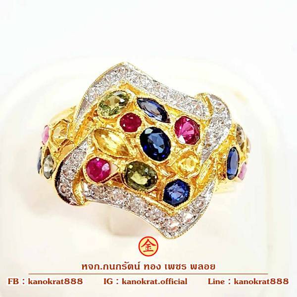 แหวนพลอยสลับสี (พลอยทับทิม &amp; พลอยแซฟไฟร์) น้ำหนัก 3.5 กะรัต ตัวเรือนทองแท้ 90% ขนาดแหวน 55 มีใบรับประกันจากทางร้าน