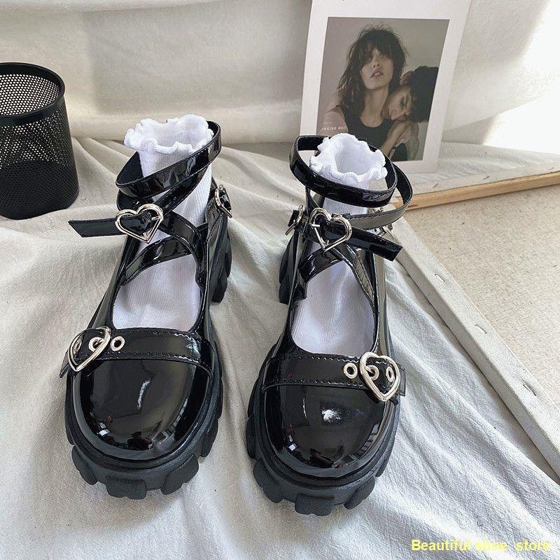 Y2K lolita JK รองเท้าแมรี่เจน รองเท้าหนังสีดำ Size35-40 เพิ่มความสูง สไตล์ญี่ปุ่นน่ารัก