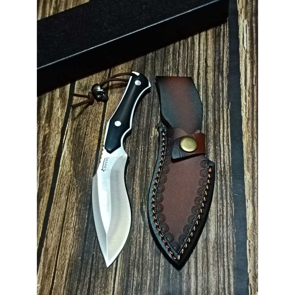 มีดพกสั้นทรงขรูข่า ขนาดเล็ก แบรนด์ Knife เหล็กคุณภาพสูงM390 พร้อมปลอกหนังแท้แกะลาย