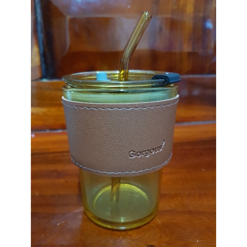แก้วกาแฟ มินิมอล พร้อมหลอดแก้ว ฝาปิด+ปลอกหนังกันร้อน