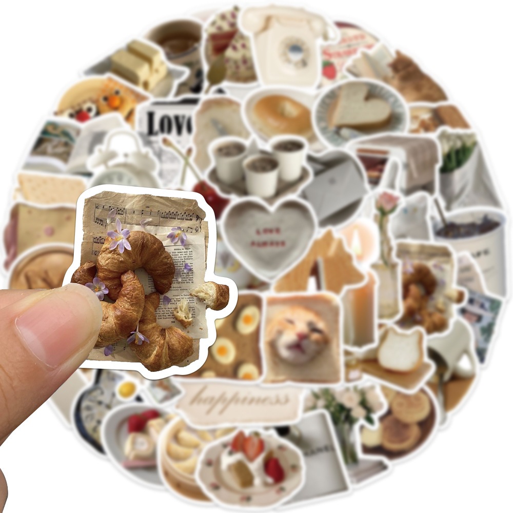 พร้อมส่ง อาหาร แฮมเบอร์เกอร์ โดนัท เค้ก Vintage INS cake กาแฟ ชานม pizza sticker สติกเกอร์ก TOAST