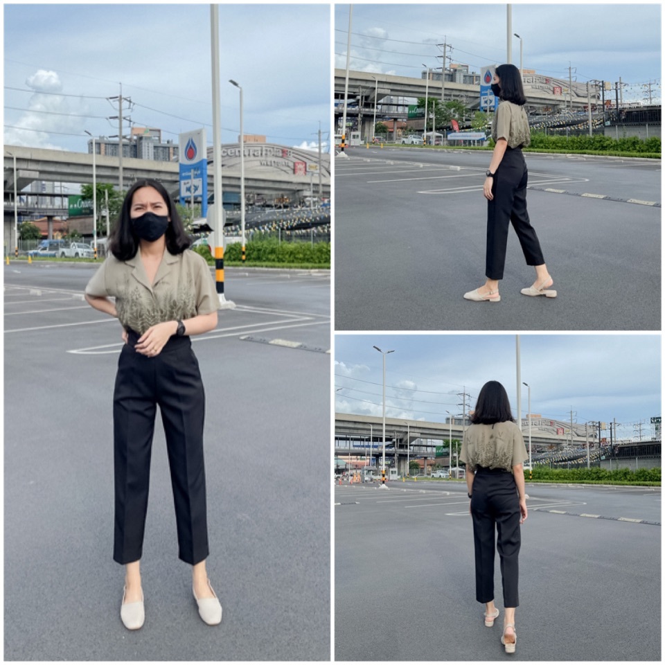 [S-3XL](ZK) ARTHITTAYA.BRAND กางเกงผ้าสลาฟ 8 ส่วน ซิปข้าง เอวสูง-สีดำ