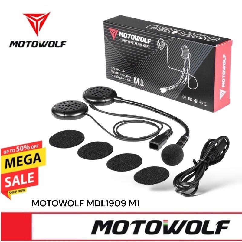 [ลด 45.-ใส่โค้ด SVSDEC2] MOTOWOLF MDL 1909 M1 หูฟังบลูทูธติดหมวกกันน็อค ชุดไมค์พร้อมหูฟังไร้สาย