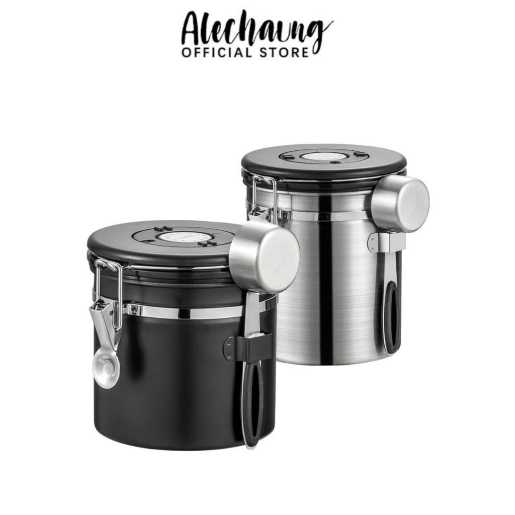Alechaung กล่องเก็บเมล็ดกาแฟ 1.2L 1.5L 1.8L กระปุกสแตนเลส แถมช้อน ตั้งวันที่บนฝาได้ Coffee Container