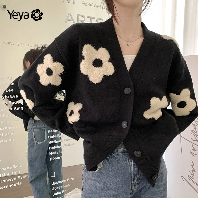 YEYA V Neck Sweater Slim Flower Knit Sweater Cardigan Sweater Jacket Women's Tops